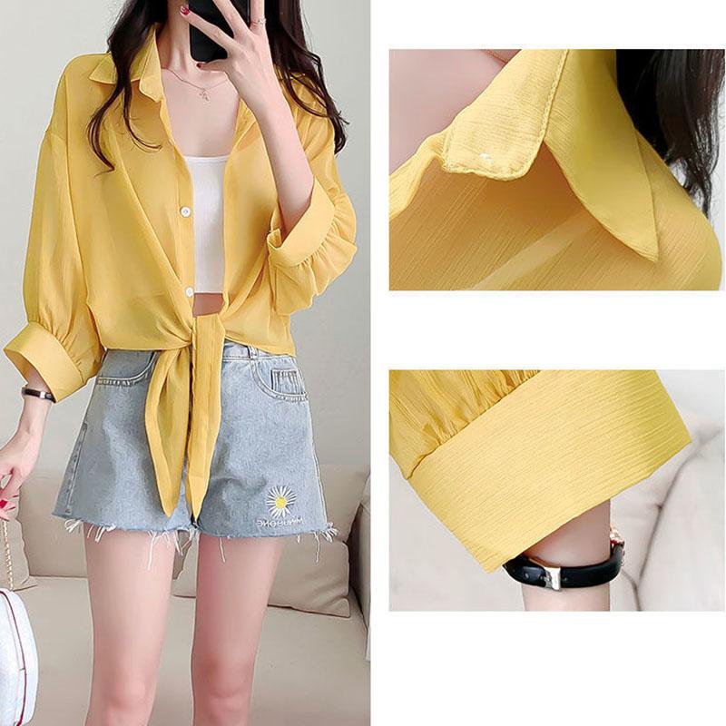 Chiffon Doll Sleeve Cardigan Women's Thin Sun Protection Shirt Short Outer Shawl Loose Top Thin Coat White Polo Collar Shirt