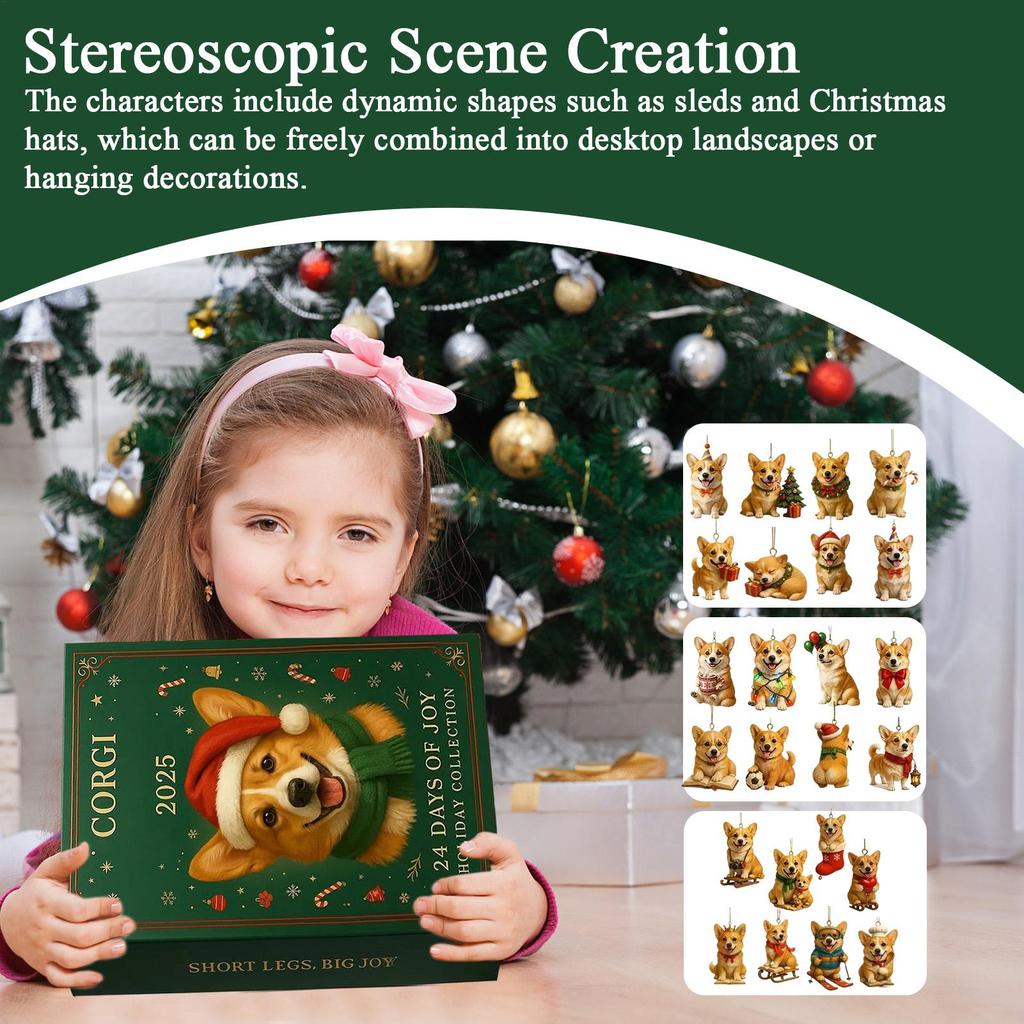 2D Acrylic Puppy Advent Calendar 24 Days Christmas Countdown Calendar 2025 Animal Pendant for Christmas Tree Decoration Gifts