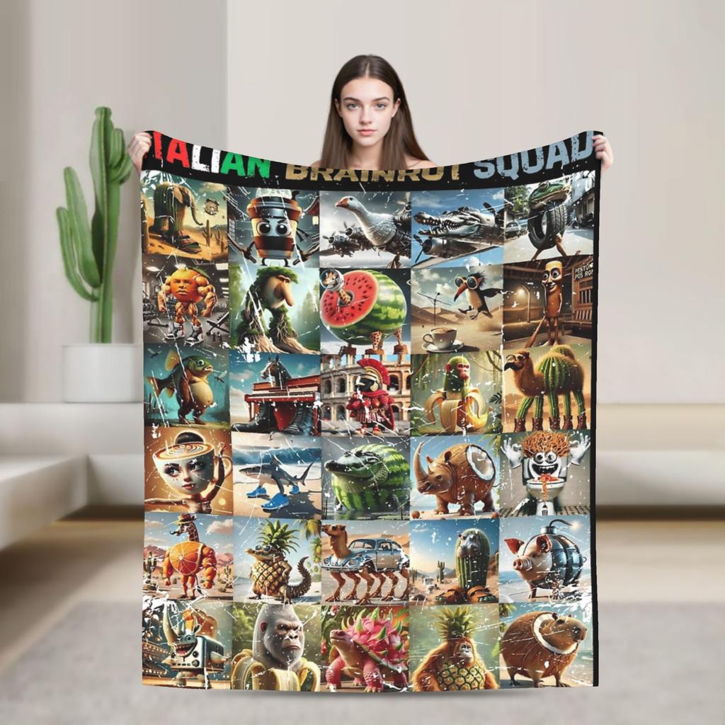 Coperta Design Personaggi Meme Brainrot Italiani Morbida Divertente Traspirante Plaid per Letto Divano Decorazione Tessile