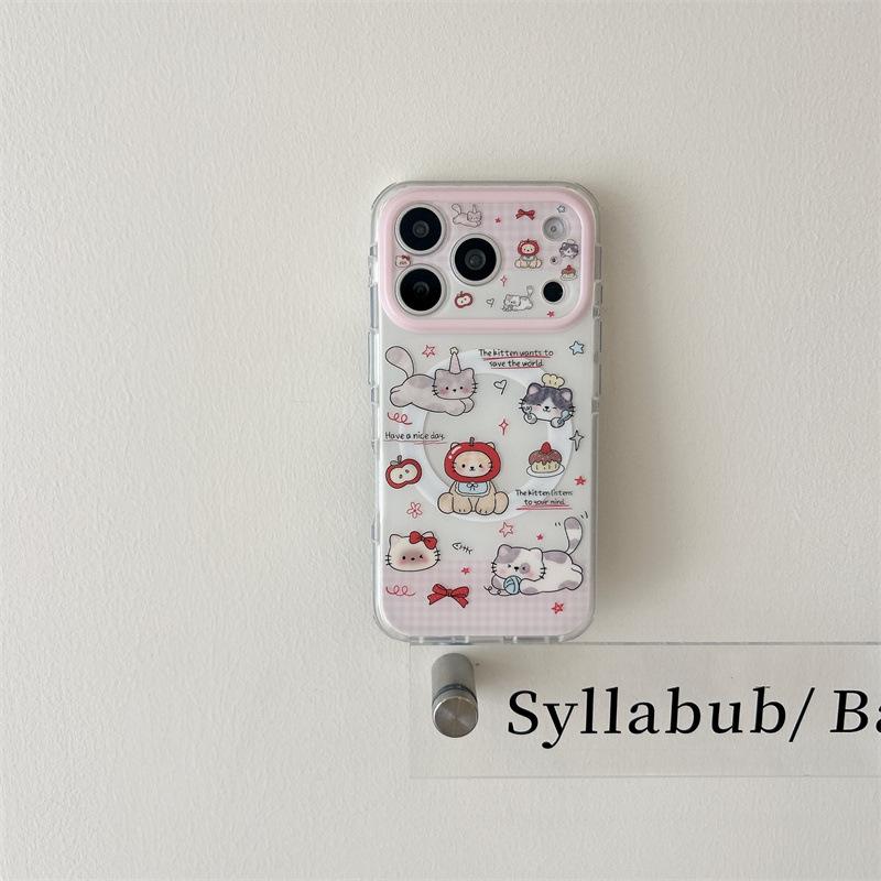 Korean Patchwork Plaid Magnetic Cat iPhone Case for iPhone 17/16 Pro Max/15 Pro