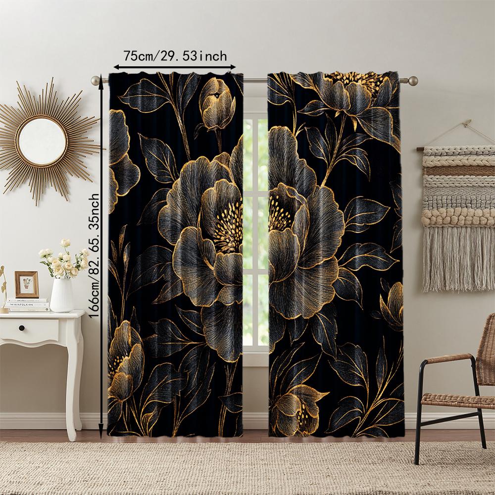 Set Of 2 Versatile Polyester Transparent Curtains Home Decoration Black Golden Floral Use Bedrooms Living Rooms Curtain Ideal For Room