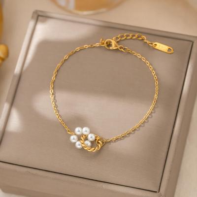 European Style 18K Gold-Plated Pearl Flower Bracelet with Twisted Rope Design, Hypoallergenic Jewelry