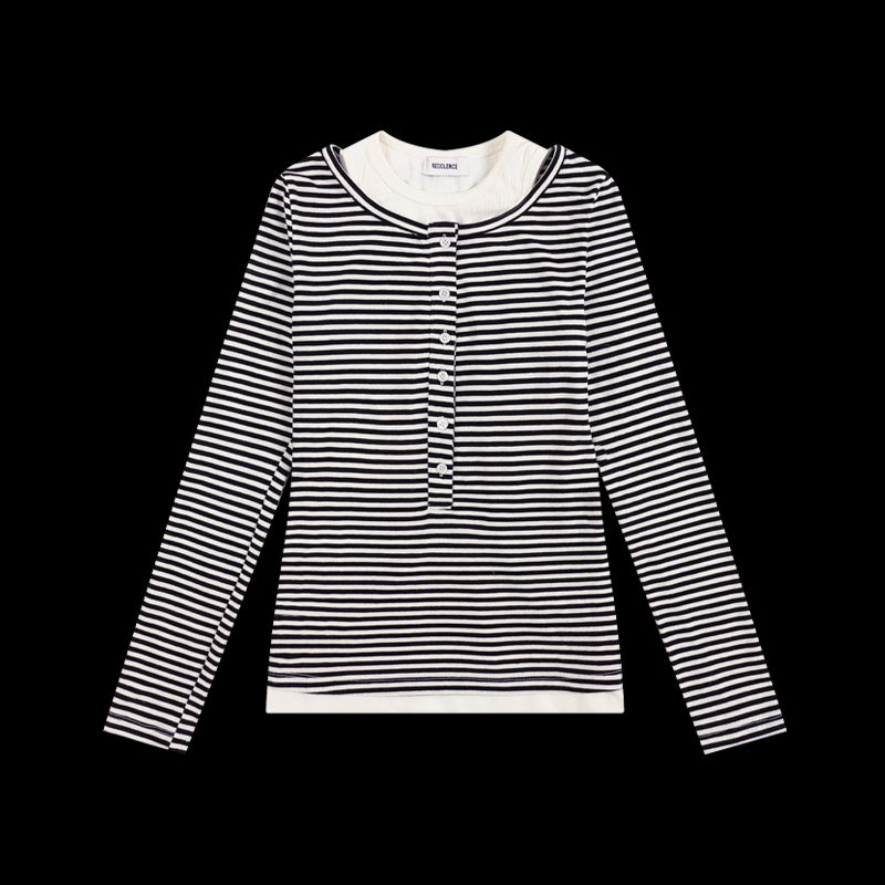 Redolence Fake Two-Piece Striped Slim-Fit Long-Sleeve Top with Unique Design for Everyday Wear and Commuting