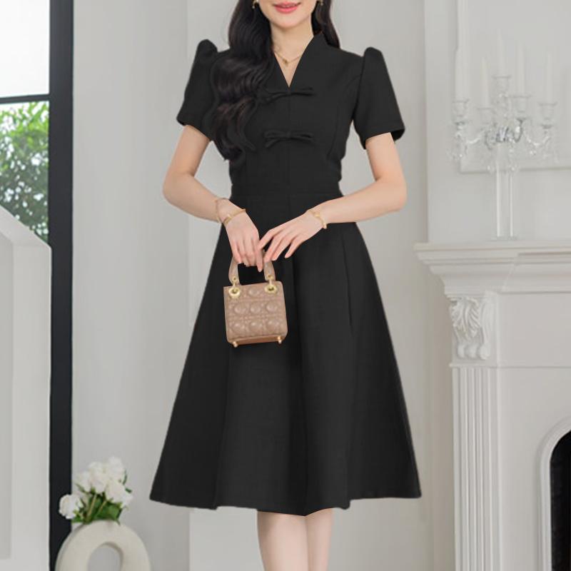 ZANZEA Women Elegant Casual V-Neck Short Sleeve A-line Dress S чёрный