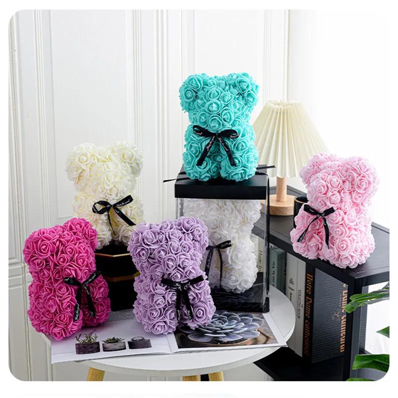 25cm Artificial Teddy Rose Flower Bear with Box Romantic Valentines Day Gift Girlfriend Women Anniversary Wedding Party Supplie