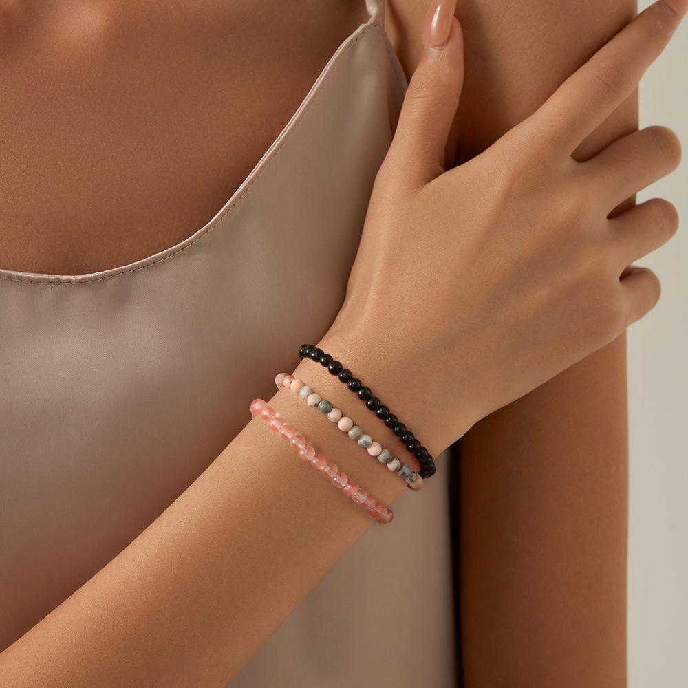 3 Pieces Natural Stone 4mm Beads Elastic Bracelets For Women Men Moss Agates Rose Quartzs Stretch Bracelet Set With Tag Jewelry