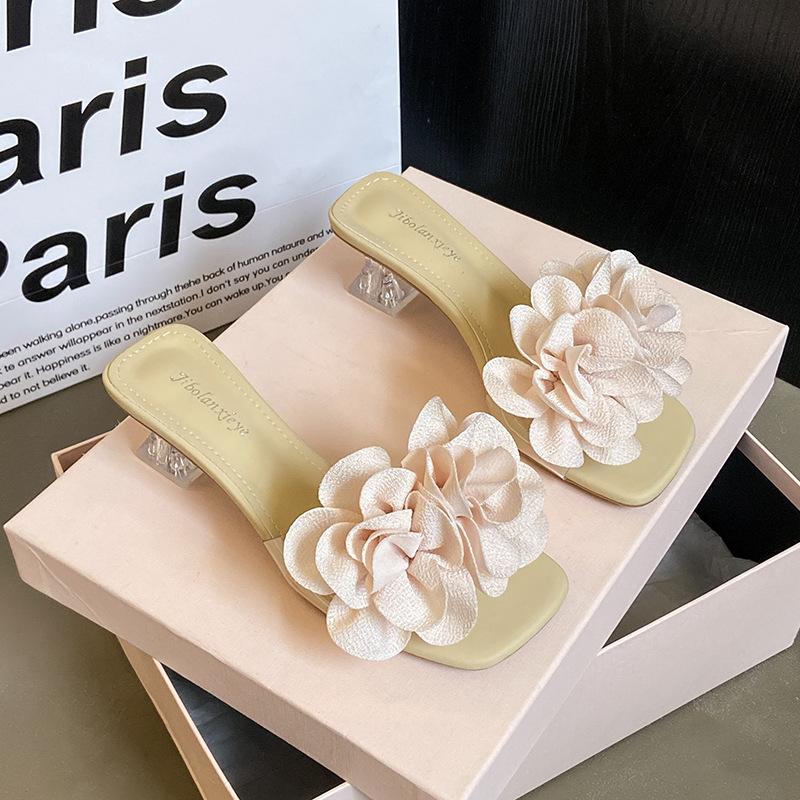 

Fairy wind crystal and slippers female summer wear 2025 new summer thick heel one-word drag middle heel women s sandals 40