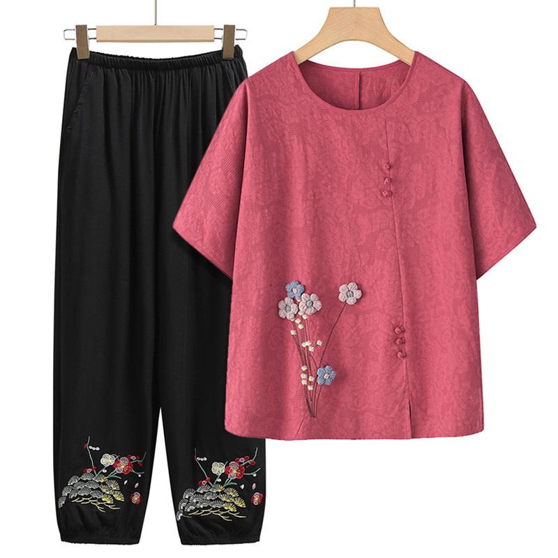 Middle-aged and Elderly Spring and Summer Clothing Casual Thin Short-sleeved + Seven Trousers Two Piece Suit