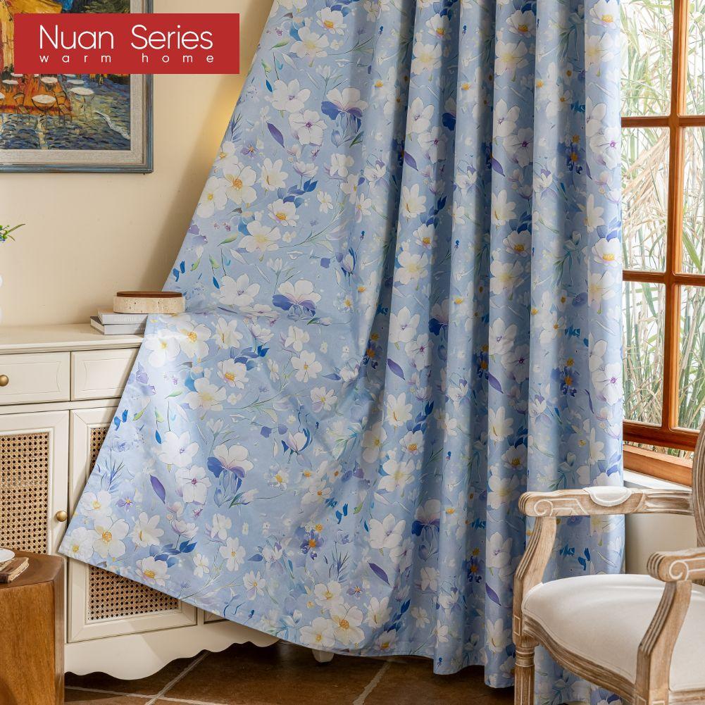 1PC Nuan Series Nordic Countryside Style Blue Printed Curtains with Full Blackout Curtains for Bedroom Living Room Balcony Window for Home Decor