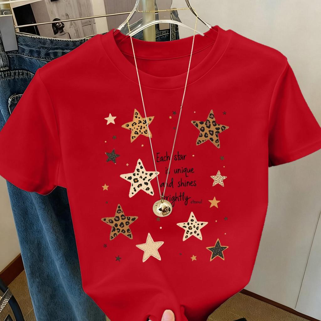 Leopard Star Printed Women's T-shirt, this casual summer top is a round neck short-sleeved patterned T-shirt