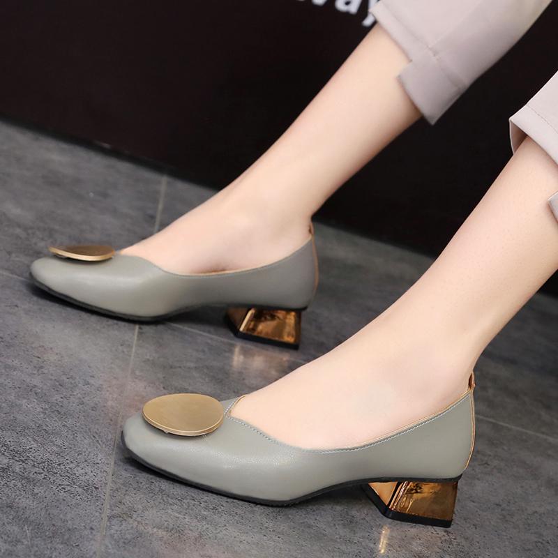 Fashion Plus Size 35-42 Women Dress Shoes Square Toe Medium Heels Pumps Gold Heels Shoes Woman Round Metal Boat Shoes Low Heels
