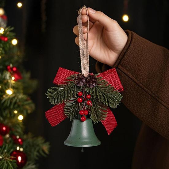 Christmas Bell Decoration Bowknot Decor Hanging Decorative Bell with Pine Branches Red Fruits Indoor Outdoor Ornament