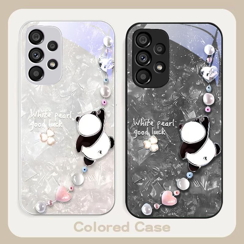 Beaded Panda Silver For Samsung Galaxy S23 U Ltra 24 Plus S20 21 FE S25 Ultra A70 A72 73 51 52 53 Tempered Glass Phone Case