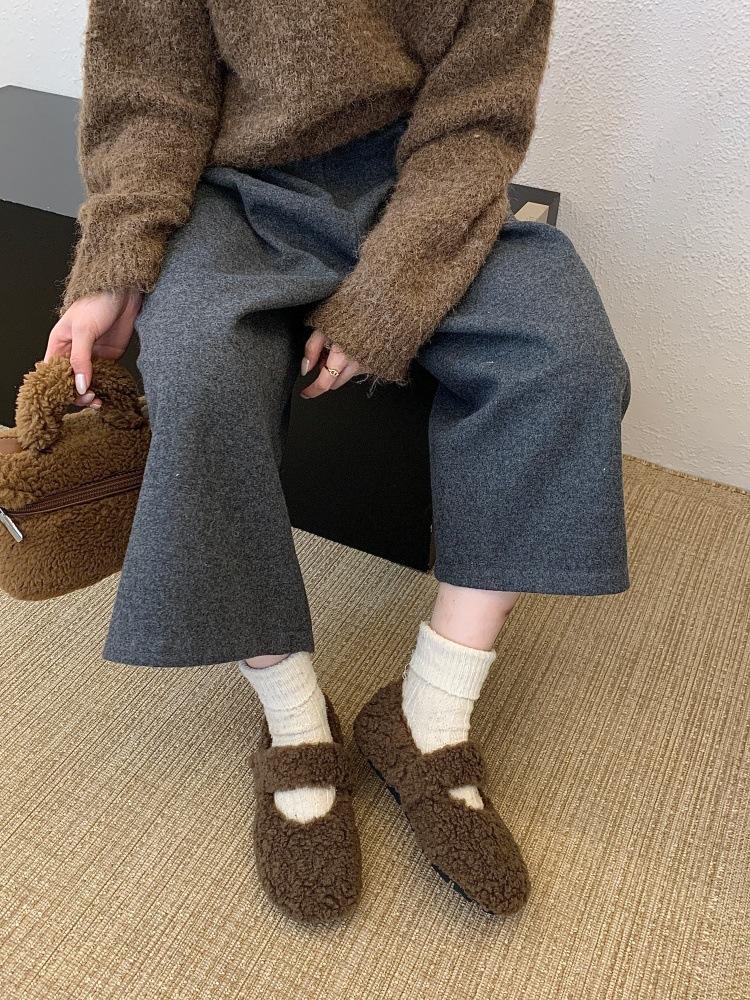 Lamb Wool Round Head Mary Jane Plush Wool Shoes Women Wear Flat Cotton Single Shoes In Winter