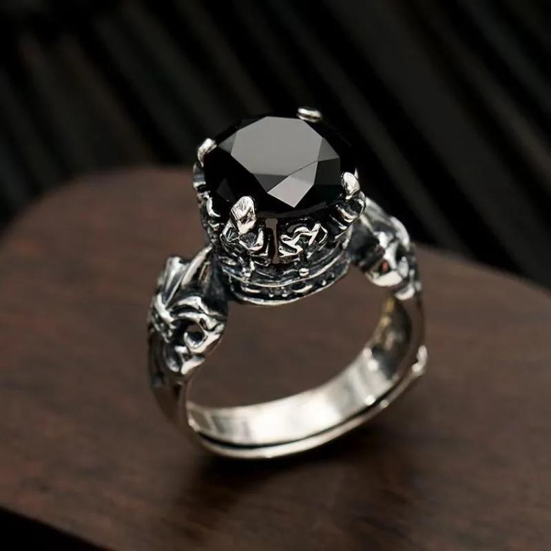 Открытое кольцо из черного агата для мужчин и женщин, модное и трендовое, кольцо в ретро-стиле resizable