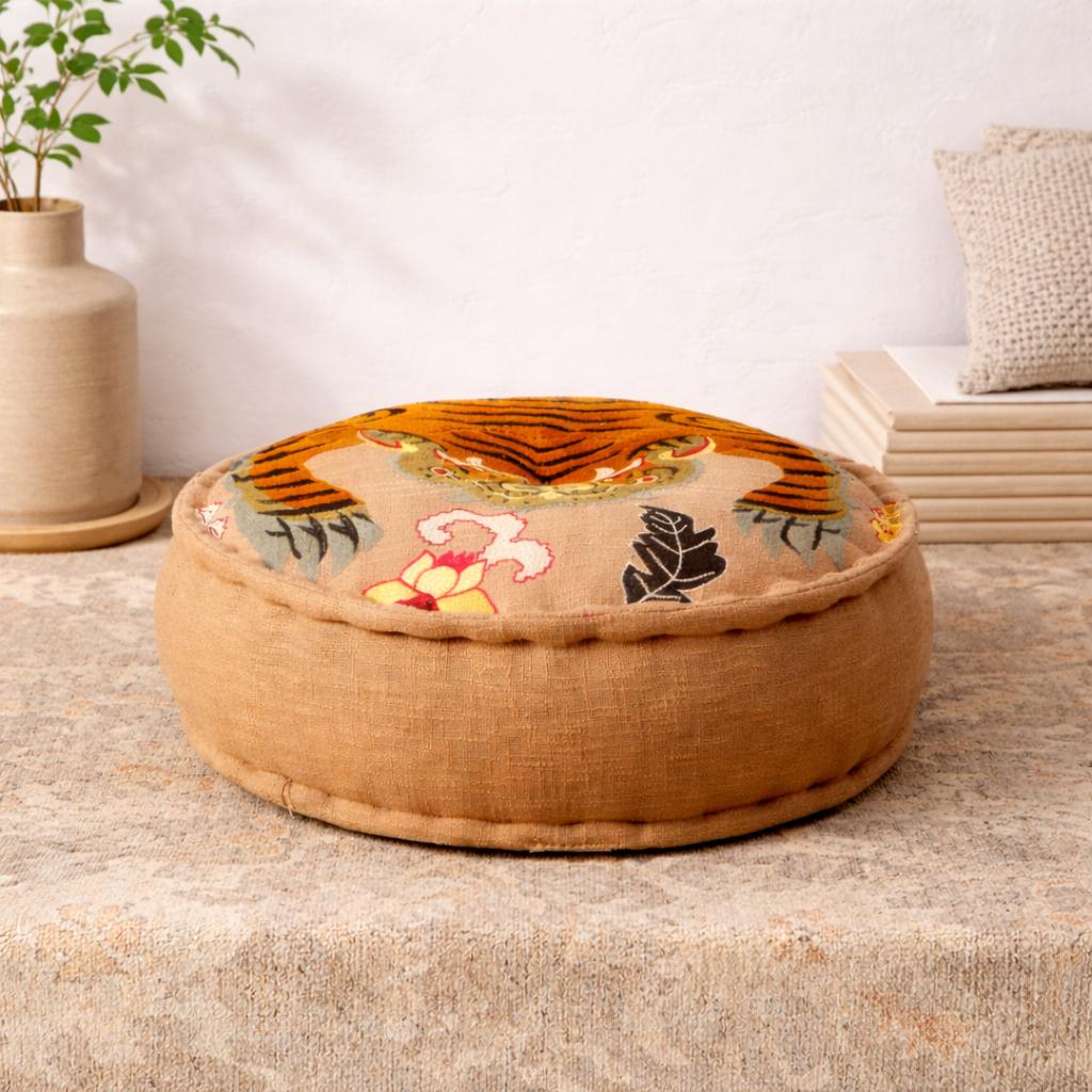 Safari Shield Embroidered Floor Pouf - Multicolor Cotton Pouffe with Polyester Filling, 60 x 20 cm