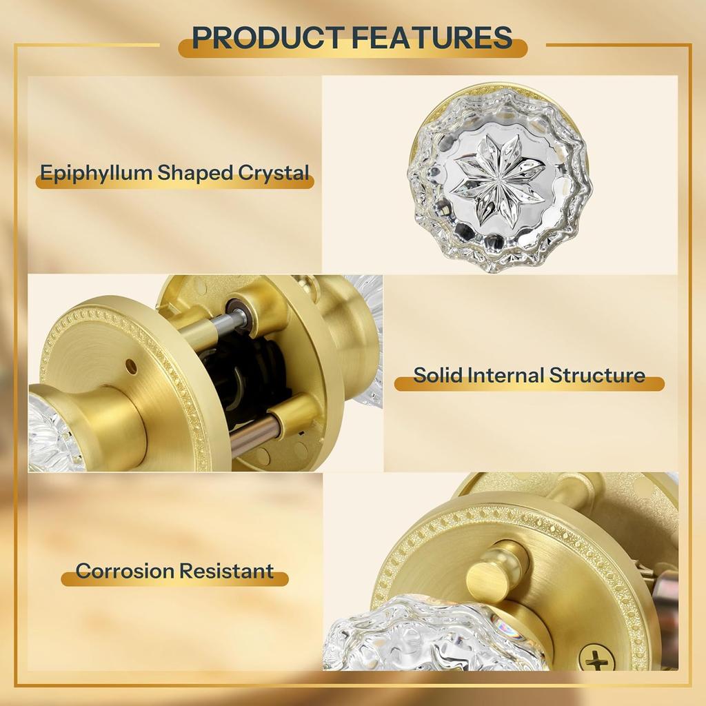 Privacy Crystal Door Knob, Gold Vintage Crystal Door Knob with Privacy Lock, Glass Doorknob Interior for Bathroom, Bedroom, Satin Brass