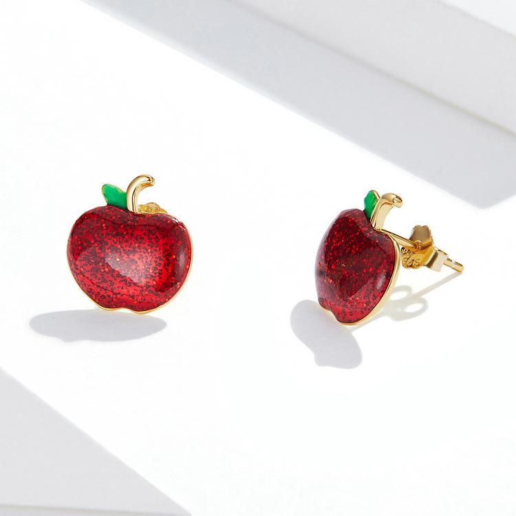 Yinziyun Christmas Apple Red Drip Oil Stud Earrings, Women’s European/American Holiday, S925 Silver.