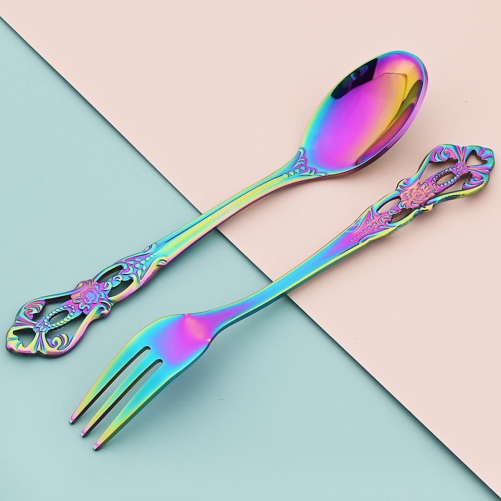 12pcs Colorful Royal Tableware Set Western Stainless Steel Flatware Cutlery Coffee Spoon Fruit Cake Fork Dinnerware Silverware