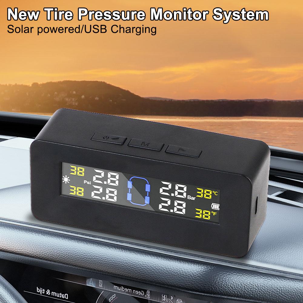Car TPMS Tyre Temperature Monitor Tire Pressure Monitoring System 4 Sensors Digital LCD Display Solar/USB Powered Auto Security Alarm Systems