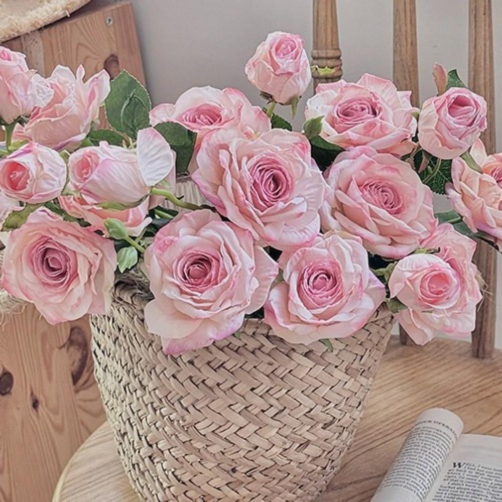 Burnt Edge Artificial Rose Flowers 3 Head Silk Simulation Rose Vintage Faux Flower  Home Decor