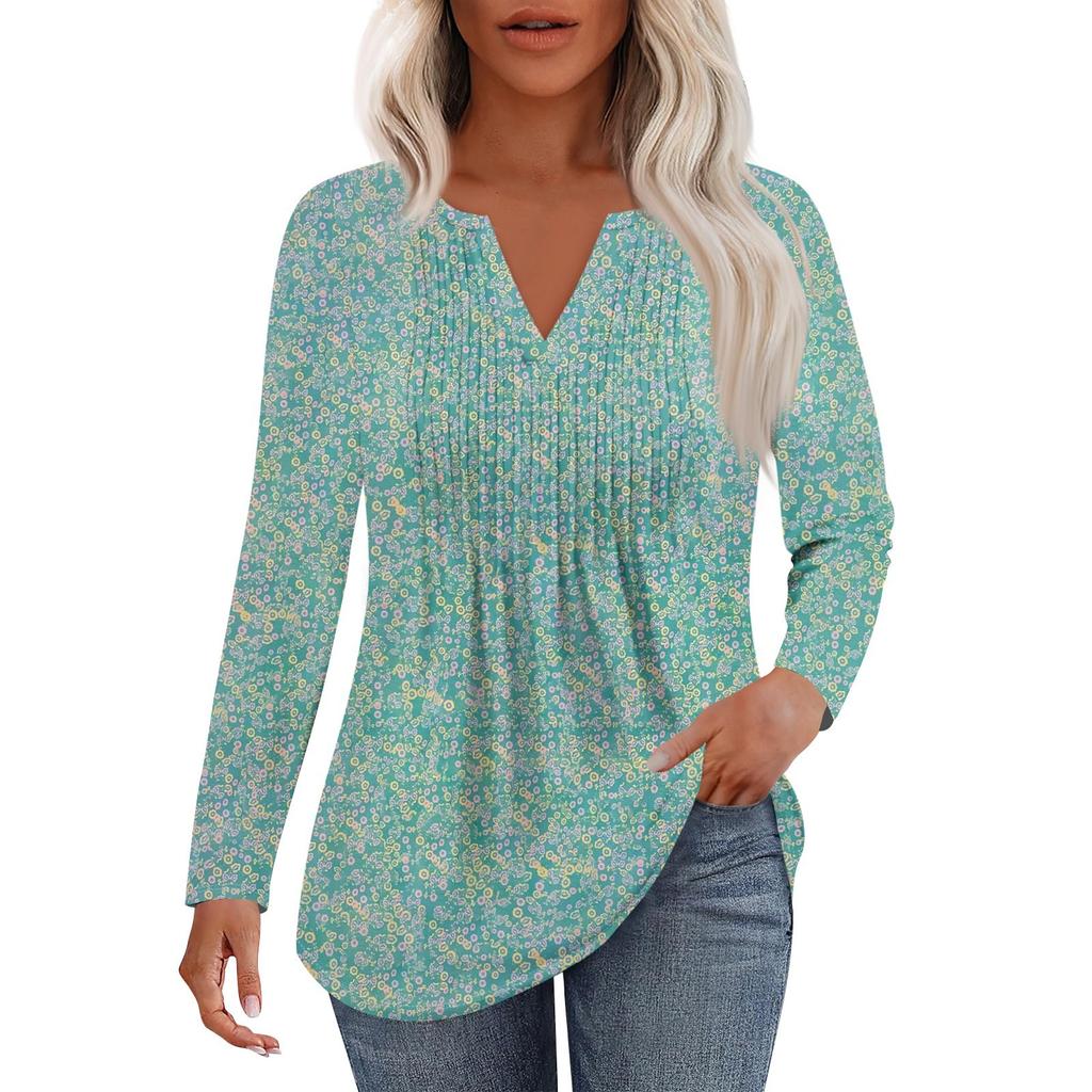 Damska Moda Casual Plisowana Koszulka z Dekoltem V w Jednolitym Kolorze z Długim Rękawem Eleganckie Bluzki