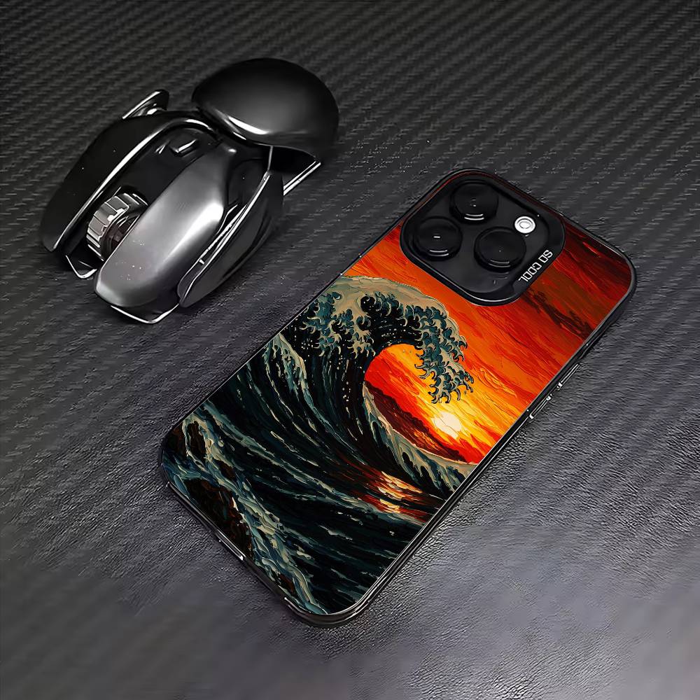 Japanese Ukiyo-e Ocean Waves Phone Case For iPhone17,16,15,14,13,12,11 Plus,Pro Max Colored Silver Plated Inside Cover