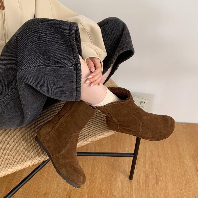 Cowhide Version Inner Height-increasing Lamb Wool Short Boots 2025 New Autumn and Winter Boken Short Boots Stacking Boots Thermal Cotton Boots
