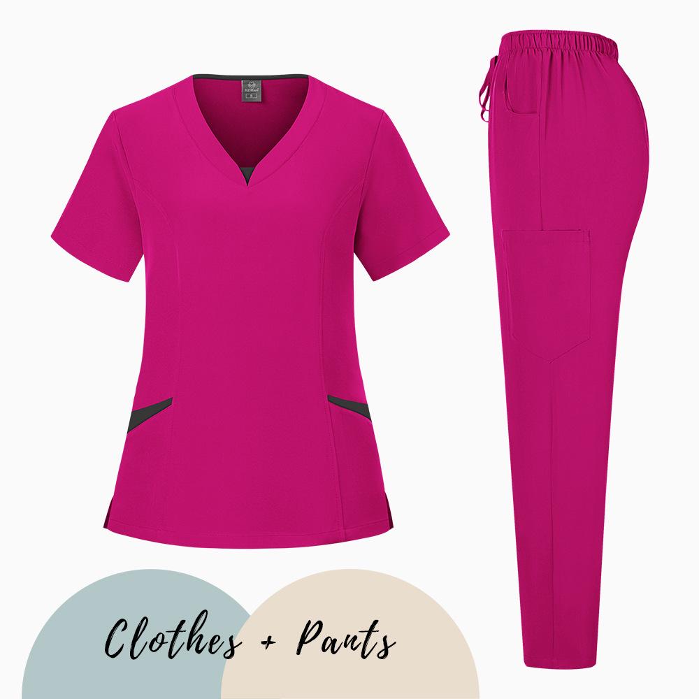Elastic V-Neck Short Sleeve Scrub Suit for Dental Clinic, Salon, or Nurse Uniform