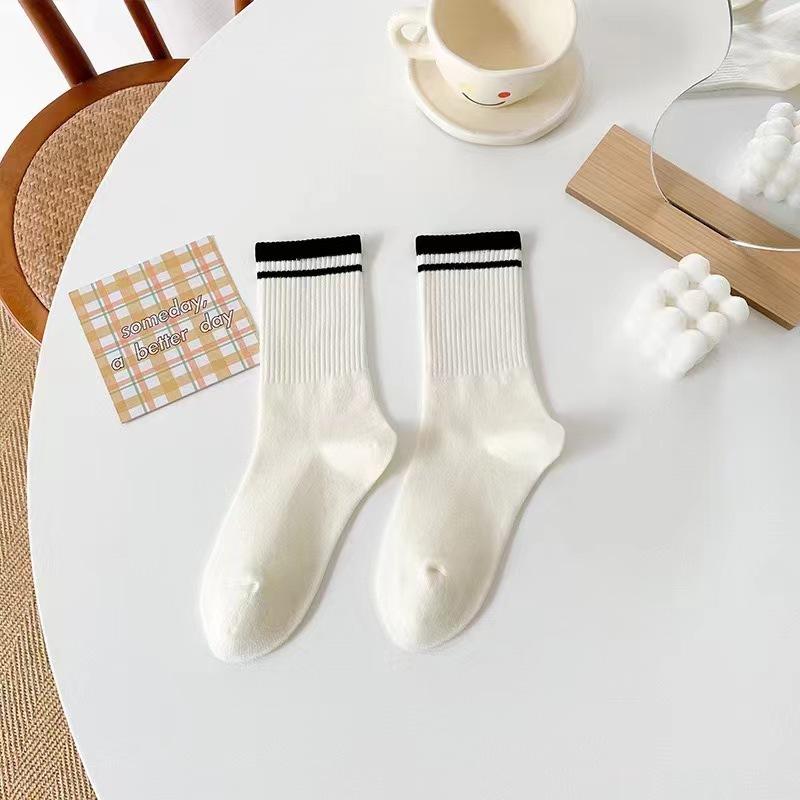 5 Pairs of Socks, Women's Mid-calf Socks, Sports Socks, Striped Two-bar College Cotton Socks, Casual and Breathable
