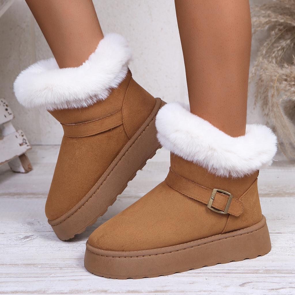 Fashion Casual Metal Belt Buckle Decoration Snow Boots Women 2025 Winter Thick Bottom Fur Ankle Boots Warm Short Plush Furry Booties
