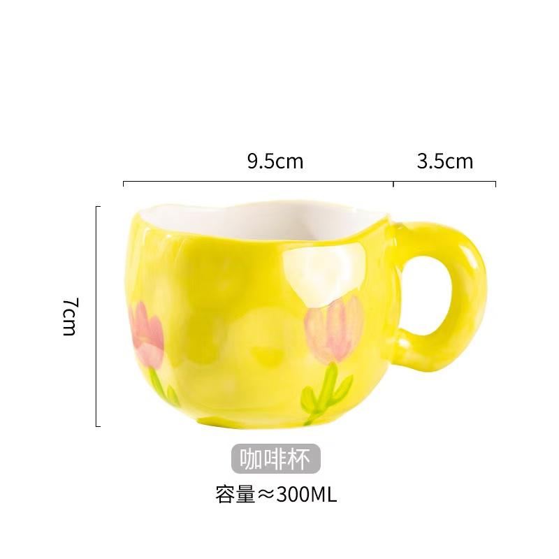300ML Korean Style Hand Pinched Irregular Ceramic mug Hand-painted Flower Heart Coffee Cup Breakfast Milk Afternoon tea cup Gift