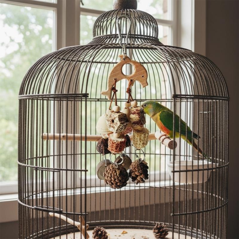 Bird Cage Hanging Toy With Natural Ball Safe Wooden Parrots Chewing Toy For Mental Stimulation