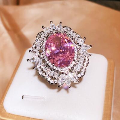 Silver Ring New Water Drop Shaped Pink Zircon Full Diamond Opening Ring For Women's Party Wedding Jewelry Gift