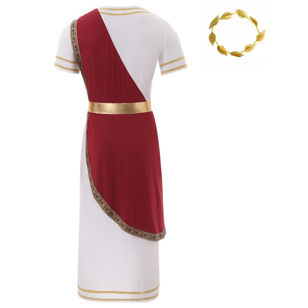 Mens Ancient Roman Toga Dress Up Costume Short Sleeve Gold Trim Design Cosplay Robe Artificial Leaf Headwear
