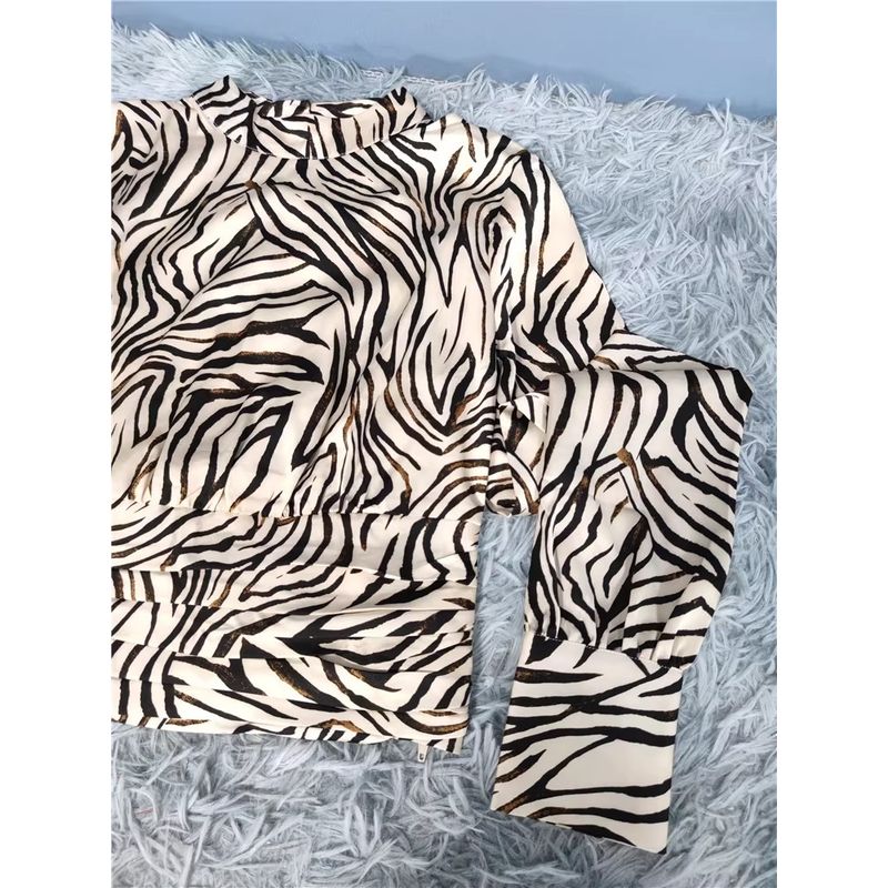 Foreign Trade Order RZ Temperament Fashion Summer New Smooth Satin Stand Collar Design Zebra Leopard Print Lantern Sleeve Shirts