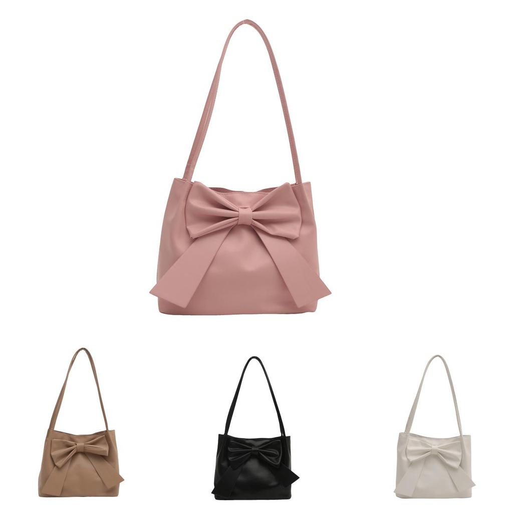 Chic Pu Leather Handbag For Women 2024 Stylish Bowknot Shoulder Bag Large Capacity Everyday Underarm Bag