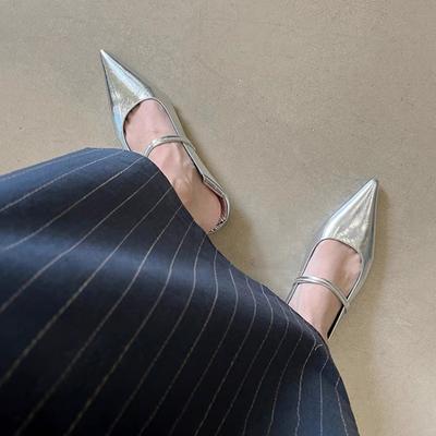 Skórzane szpiczaste srebrne miękka powierzchnia obcas typu klocek retro Mary Jane buty damskie na pojedynczej podeszwie damskie płaskie