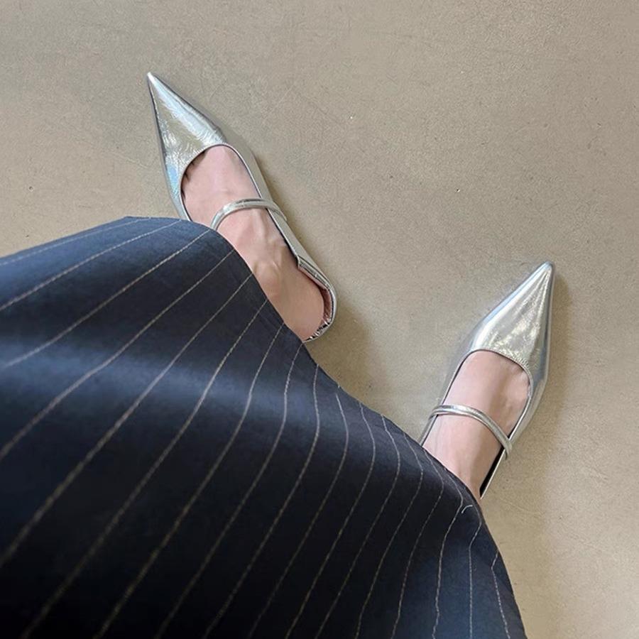 

Leather pointed silver soft surface stepping heel retro Mary Jane women s shoes with single shoes women s flat bottom 40 чёрный