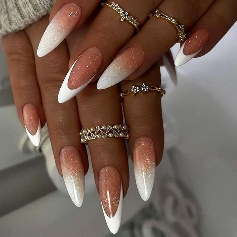 

European & American Gradient Glitter Pointed False Nails, White INS Style Manicure Patches