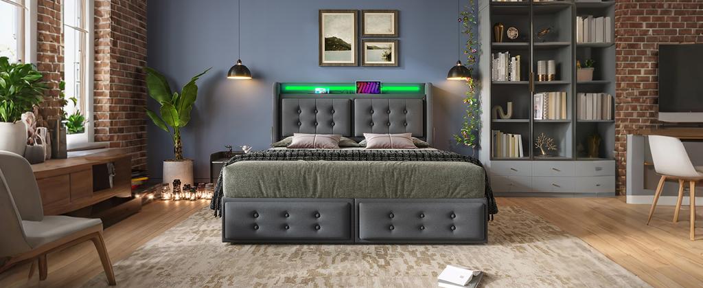 Letto imbottito 140x200, Letto matrimoniale, Testiera LED, Ricarica USB C, 4 cassetti, Struttura in legno e metallo, 300 kg, Grigio, Cotone (Senza materasso)