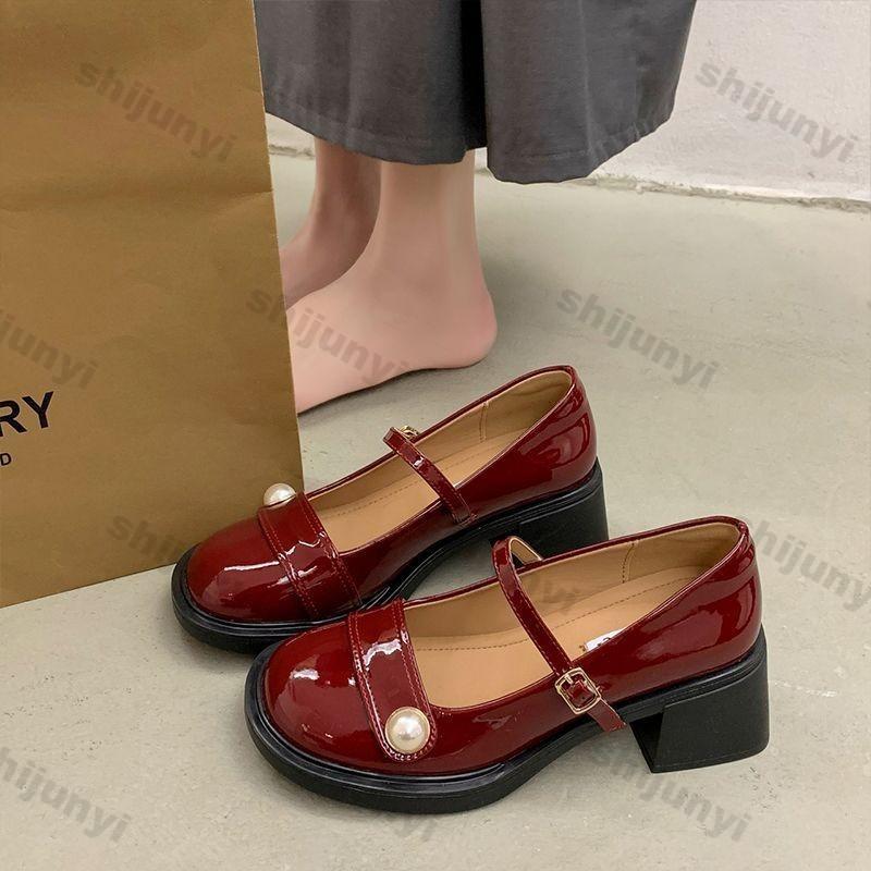 Fashion Women High Heels Mary Jane Shoes New Design Spring Autumn Soft Patent Leather Shoes Female Buckle Round Toe Chunky Single Shoe