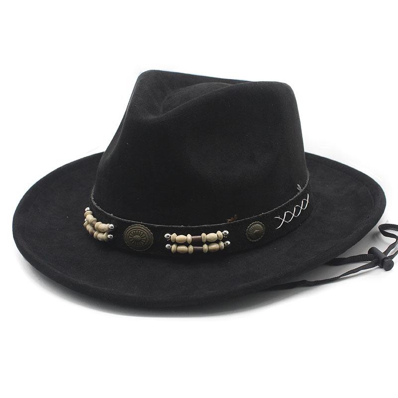 Unisex Faux Suede Cowboy Hat Wide Brim Western Sun Hat with Beaded Leather Band 57-58cm чёрный