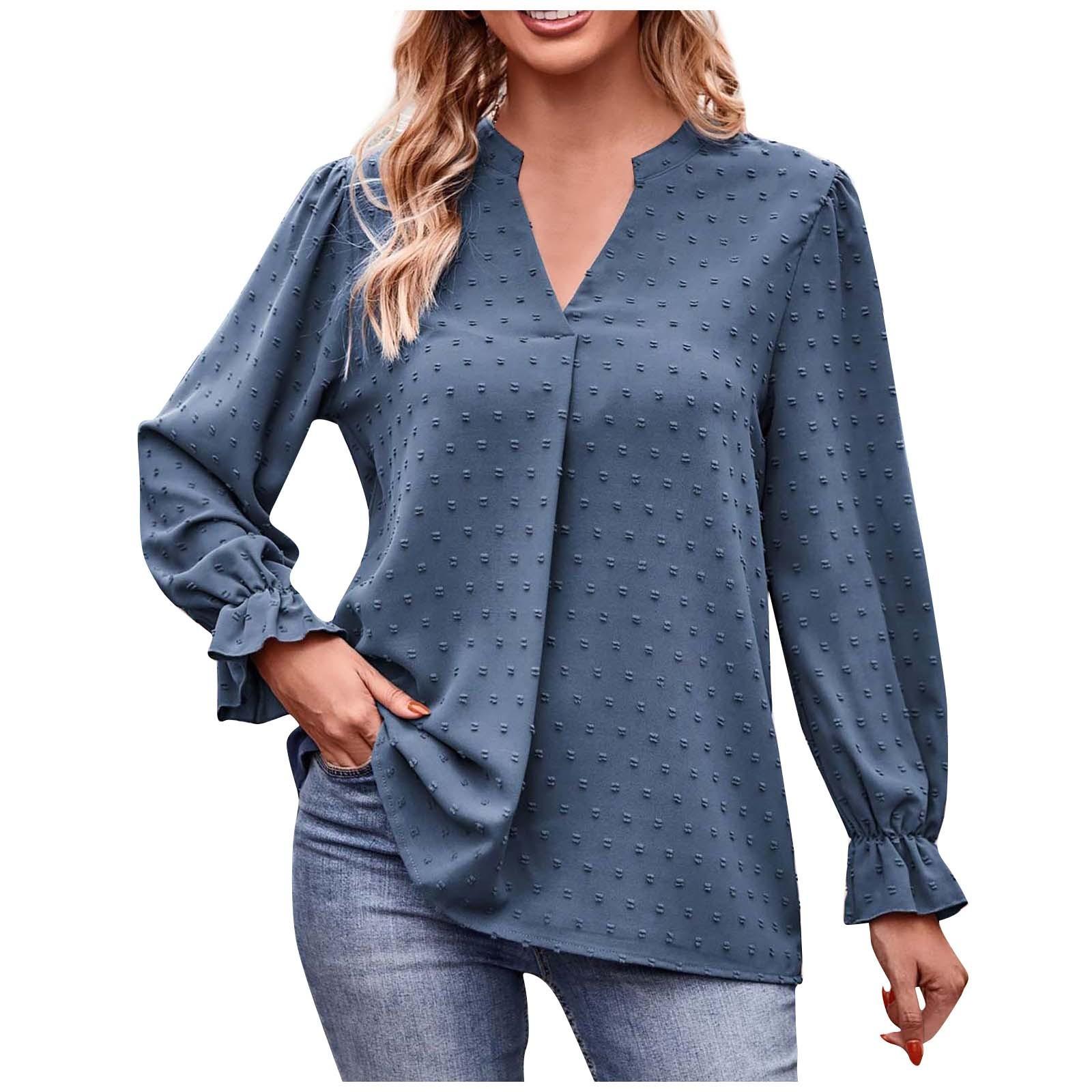 

Женская модная повседневная свободная однотонная футболка с v-образным вырезом и рюшами с длинным рукавом XL