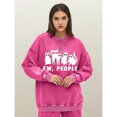 Ew People Cartoon Cats Design Woman Washed Sportswear Cotton Soft Pullover Oversize Crewneck Sweatshirts Couple Streetwer