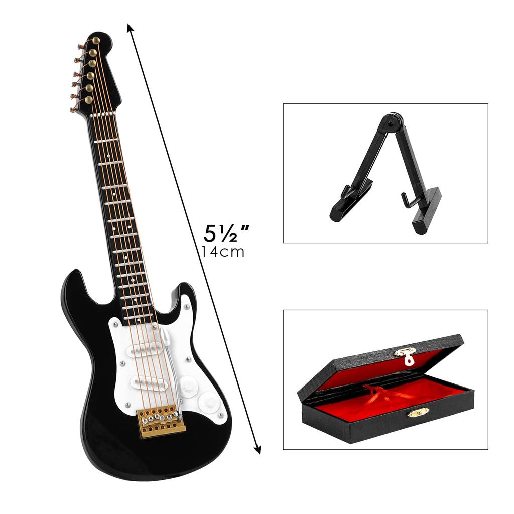 Musiin Miniature Guitar with Stand and 14cm Mini Electric Home Music Studio Desk Shelf Gift for Guitar Lovers Case, 6-String Guitar, Decor, (Black