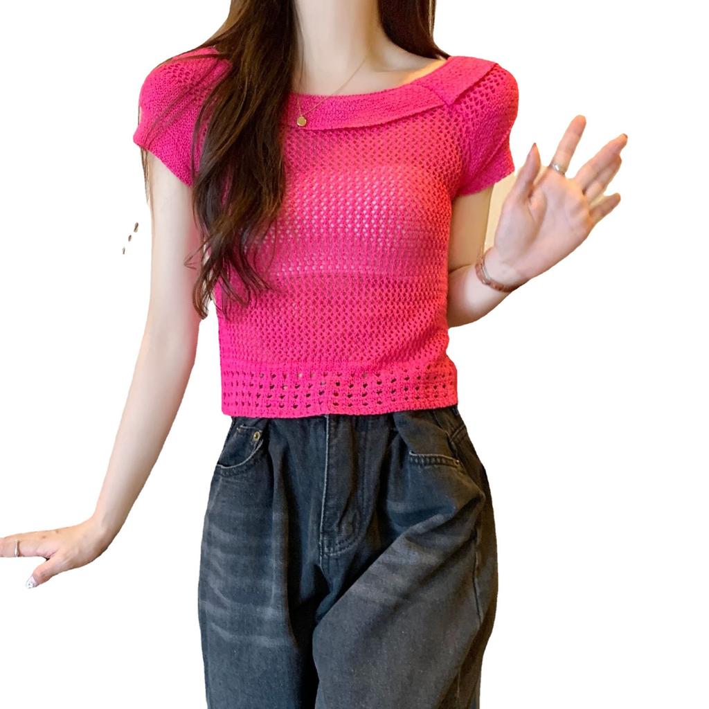 Xiaofei Sleeve Round Neck Hollow U-neck Versatile Female Summer Thin Knit Shirt Design Sense Niche Short Tops Casual Essential Slim Fit Pullovers Tees