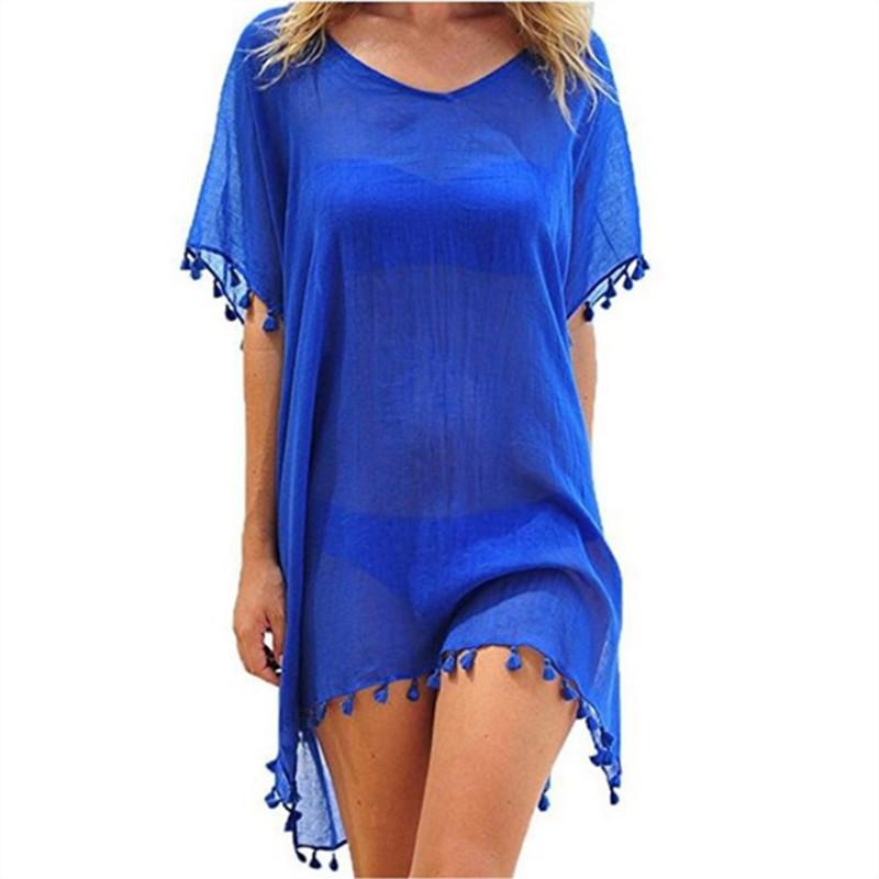 Summer Chiffon Tassels Beach Dress Women Swimwear Bikini Cover Up Female Mini Loose Solid Pareo Tops Swimsuit