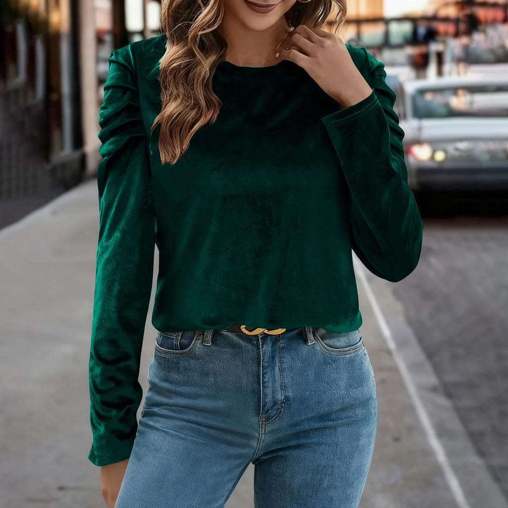 Women's Velvet Puff Long Sleeve Round Neck Pullover Solid Color Casual Top