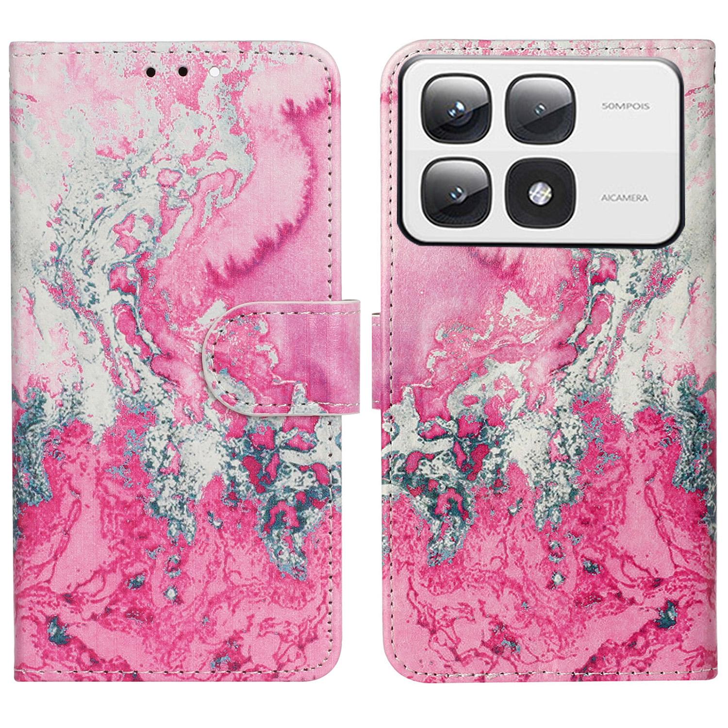

For Xiaomi 14T Pro Case Pattern PU Leather Flip Phone Cover Pink Seawater Marble